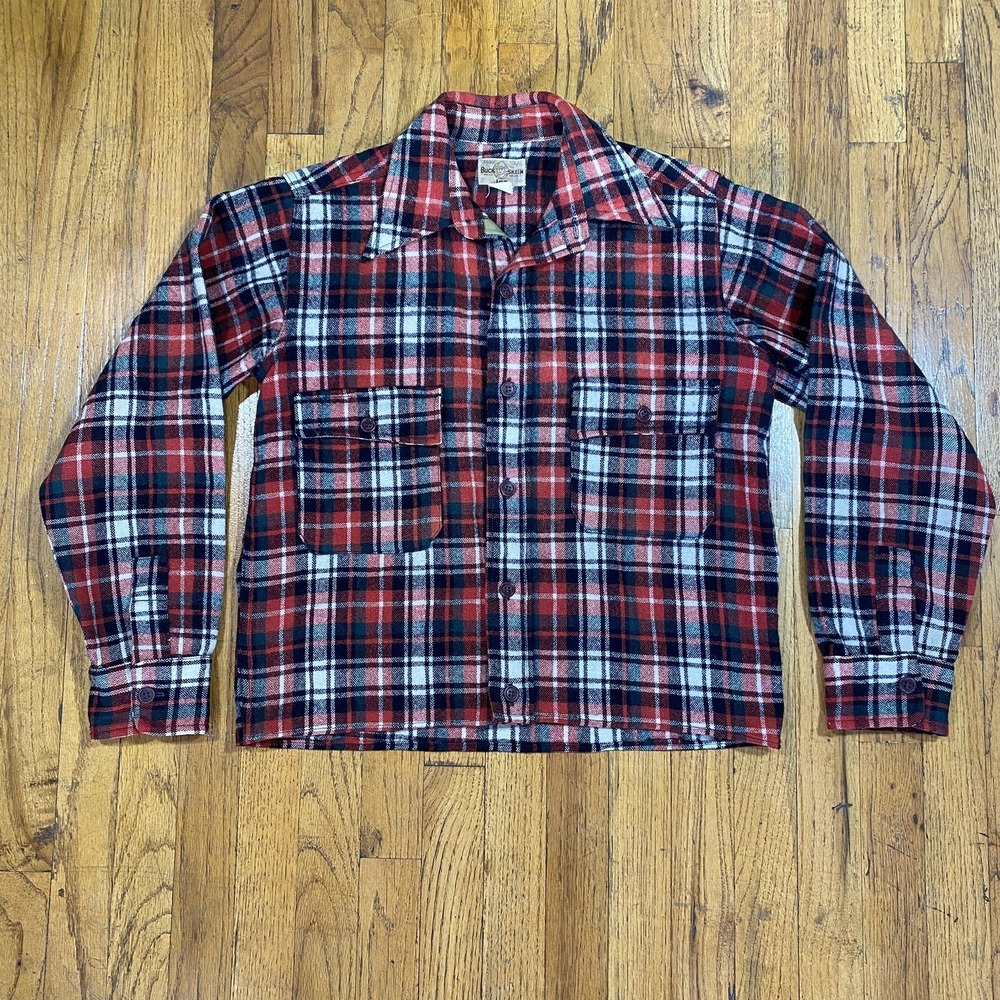 Vintage 50s Buck Skein Joe Plaid Wool Shirt M/L Boxy Flannel Red Green Cropped